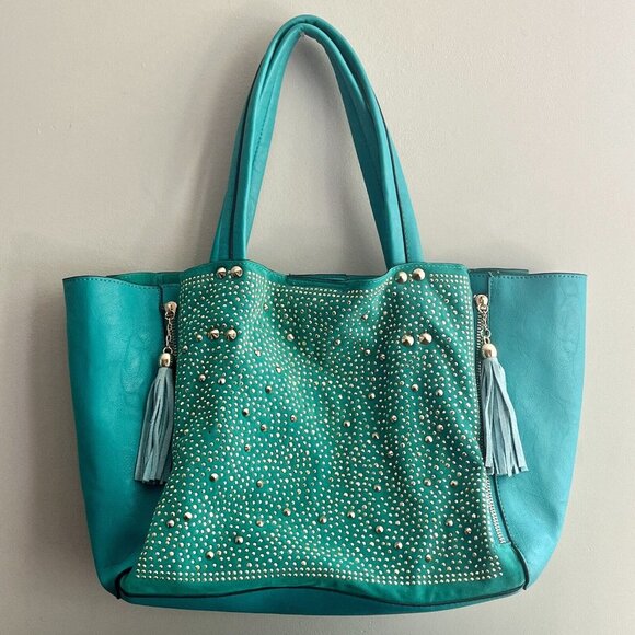 Unbranded Handbags - •SOLD•| Green Studded Embellishing Large Tote Fringe Contrast Lining - VG